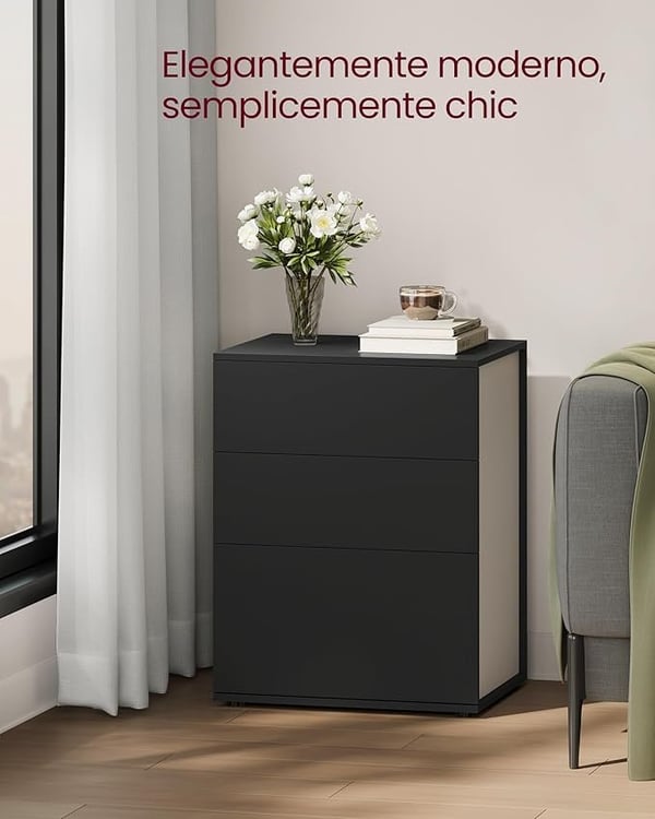 Hurtig Montering Natbord, Sengeborde med 3 Skuffer, Moderne, Blæk Sort og Cappuccino Beige