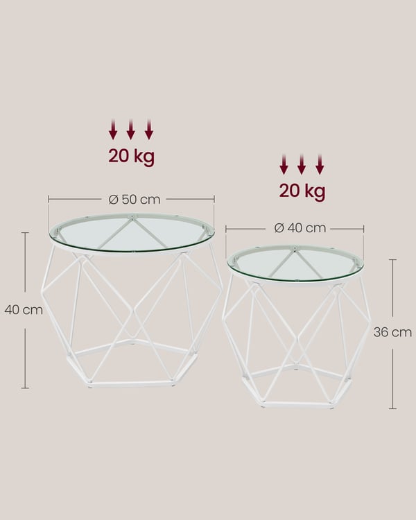 Rundt sofabord, sæt med 2 sideborde, bordplade, stålstel, gennemsigtig og skyhvid