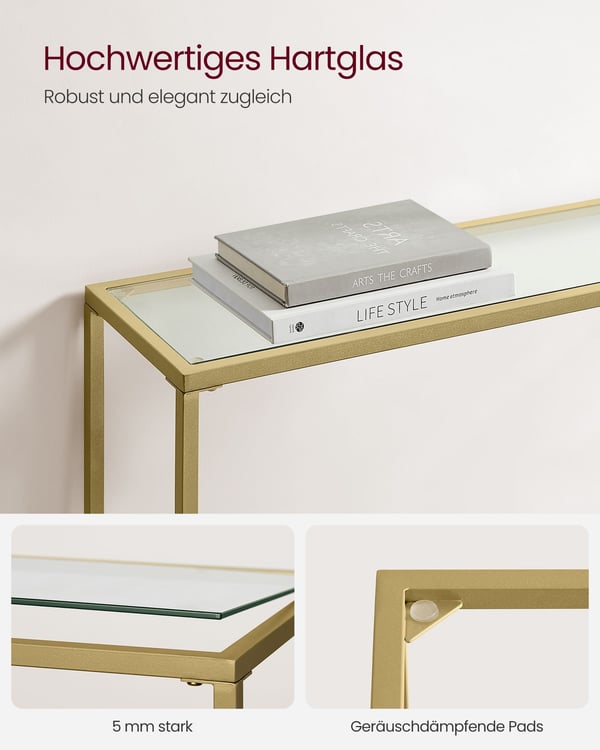 Konsolbord, indgangsbord, natbord, hærdet glasplade, metalstel, lys guld og gennemsigtig
