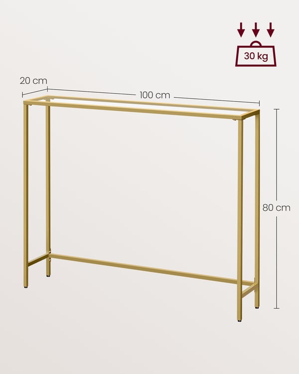 Konsolbord, indgangsbord, natbord, hærdet glasplade, metalstel, lys guld og gennemsigtig