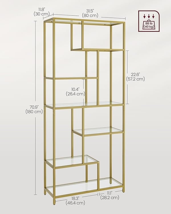 Bogreol, 6-lags Høj, Displayhylde, 30 X 80 X 180 Cm, Stue, Soveværelse, Køkken, Metallisk Guld