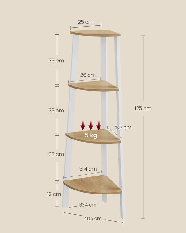 4-lags Hjørnehylde, Stigehylde til Stuen, Bogreol eller Plantestativ, Naturlig Eg og Mat Hvid