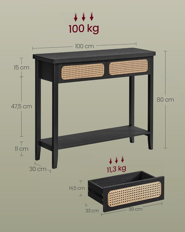 Konsolbord, Entrebord, Entremøbler, Åben Hylde, Afrundede Hjørner, Boho Style, Ash Black