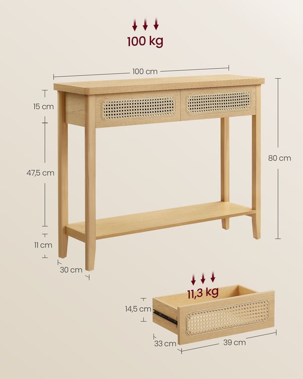 Konsolbord För Hall, Smalt Soffbord För Vardagsrum, Boho-stil, Ekbeige