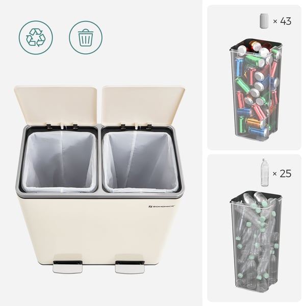 Dobbeltrum 2 X 30 L Skraldespand med 2 Skraldeposer, Metalfodpedaler, Creme