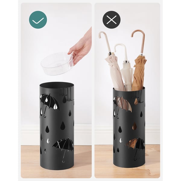 Paraplystativ, Metal Paraplyholder til Entré, med Vandbakke og 4 Kroge, 6,7 X 6,7 X 16,1 Tommer, Rund, Sort
