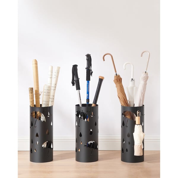 Paraplystativ, Metal Paraplyholder til Entré, med Vandbakke og 4 Kroge, 6,7 X 6,7 X 16,1 Tommer, Rund, Sort