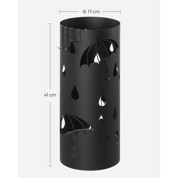 Paraplystativ, Metal Paraplyholder til Entré, med Vandbakke og 4 Kroge, 6,7 X 6,7 X 16,1 Tommer, Rund, Sort