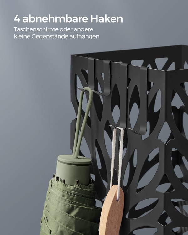 Paraplyholder til Entré, Firkantet Paraplystativ i Stål, Fritstående, 4 Kroge, Sort