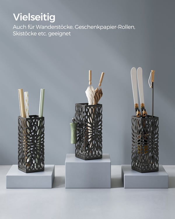 Paraplyholder til Entré, Firkantet Paraplystativ i Stål, Fritstående, 4 Kroge, Sort