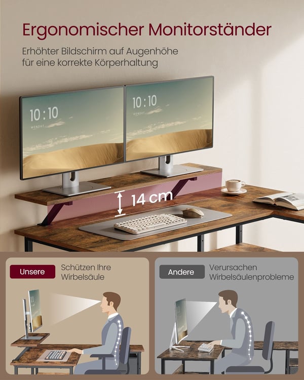 L-formet skrivebord med 2 rummelige skuffer, spillebord, til hjemmekontor, rustik brun