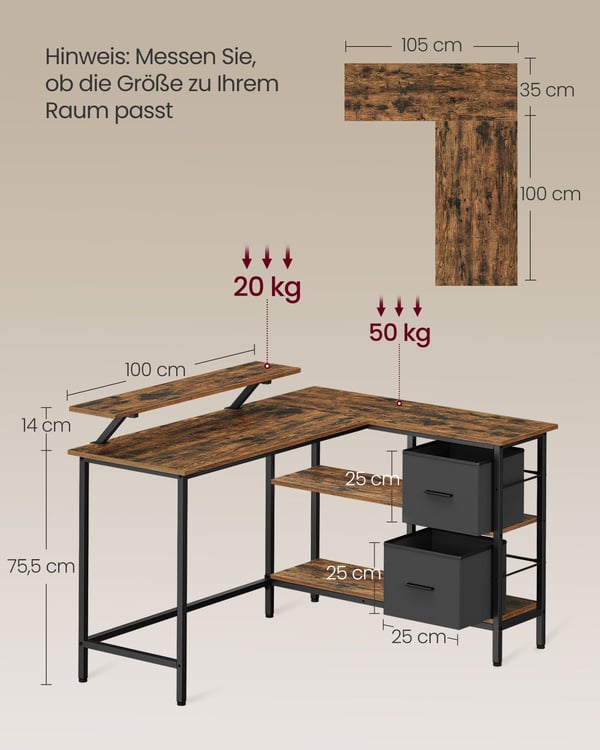 L-formet skrivebord med 2 rummelige skuffer, spillebord, til hjemmekontor, rustik brun