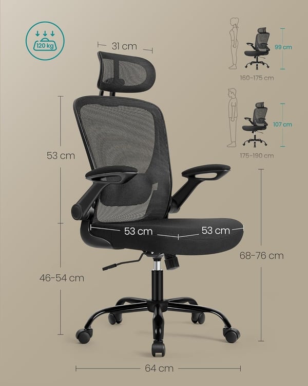 Kontorstol Ergonomisk Skrivebordsstol Drejestol med Mesh Polstret Lændestøtte - Blæk Sort