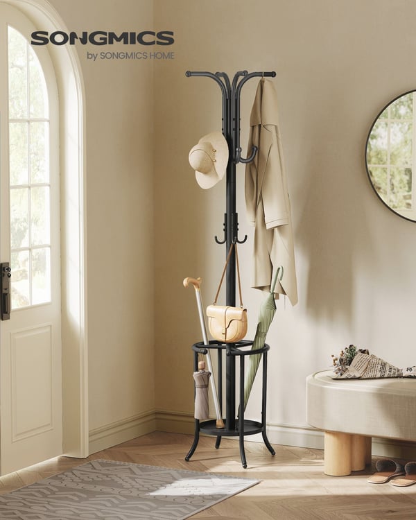 Fritstående tøjbøjle, tøjstativ med paraplyholder, 12 kroge, metal, 175 cm høj, blæk sort