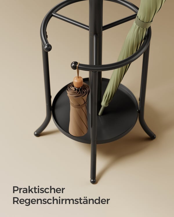 Fritstående tøjbøjle, tøjstativ med paraplyholder, 12 kroge, metal, 175 cm høj, blæk sort
