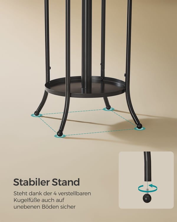 Fritstående tøjbøjle, tøjstativ med paraplyholder, 12 kroge, metal, 175 cm høj, blæk sort