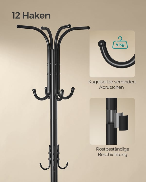 Fritstående tøjbøjle, tøjstativ med paraplyholder, 12 kroge, metal, 175 cm høj, blæk sort