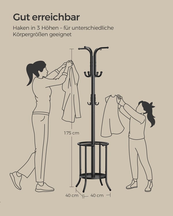 Fritstående tøjbøjle, tøjstativ med paraplyholder, 12 kroge, metal, 175 cm høj, blæk sort