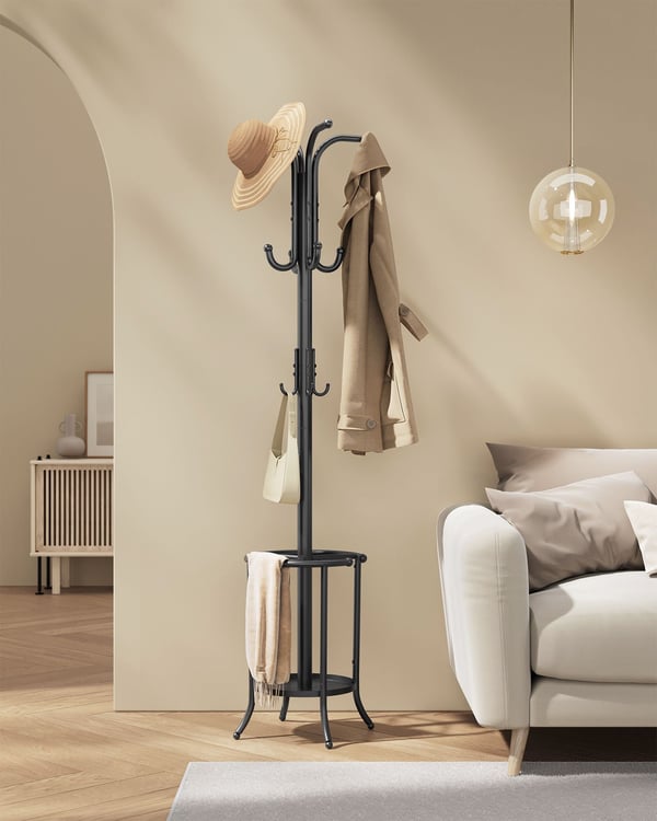 Fritstående tøjbøjle, tøjstativ med paraplyholder, 12 kroge, metal, 175 cm høj, blæk sort