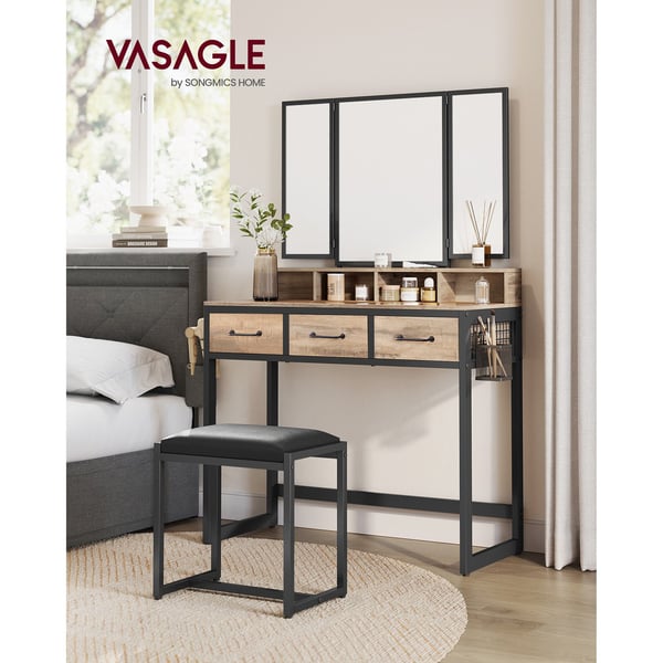 Vaskebord med polstret skammel, tredobbelt spejl, kosmetikbord, industriel stil, eg brun/sort