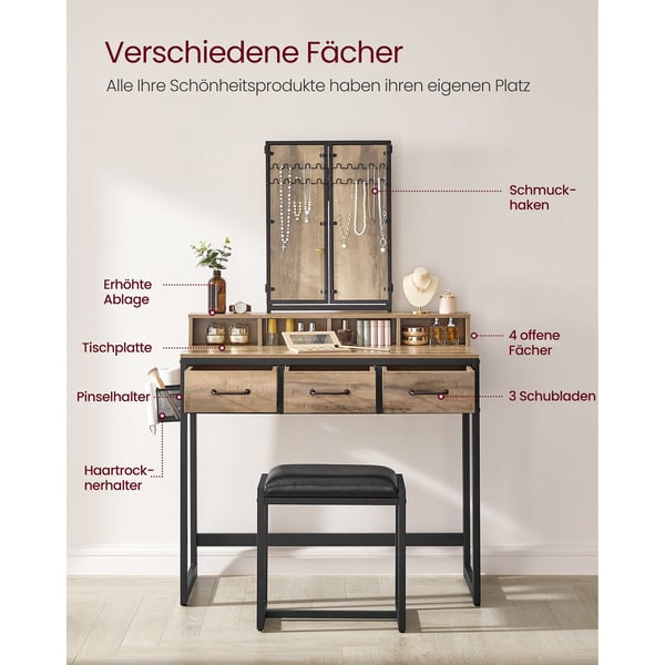Vaskebord med polstret skammel, tredobbelt spejl, kosmetikbord, industriel stil, eg brun/sort