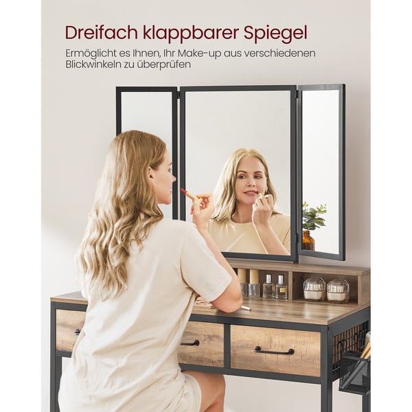 Vaskebord med polstret skammel, tredobbelt spejl, kosmetikbord, industriel stil, eg brun/sort