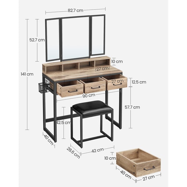 Vaskebord med polstret skammel, tredobbelt spejl, kosmetikbord, industriel stil, eg brun/sort