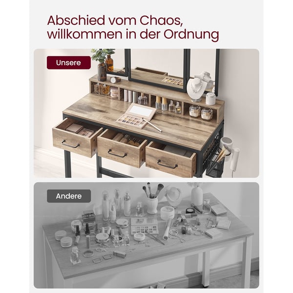 Vaskebord med polstret skammel, tredobbelt spejl, kosmetikbord, industriel stil, eg brun/sort