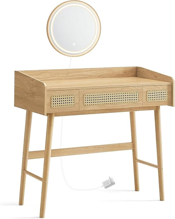 Sminkbord med Spegel Och Ljus, 3 Lådor, 3 Färgnyanser, Bohemisk Stil, Sovrum, Ekbeige