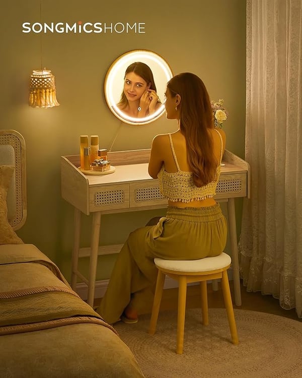 Toiletbord med spejl og lys, 3 skuffer, 3 farvenuancer, Bohemian Style, Soveværelse, Eg Beige