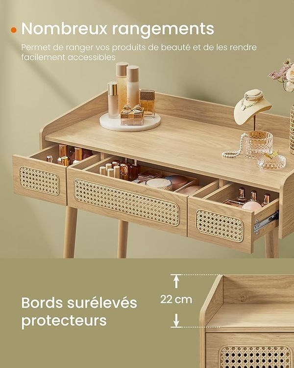 Toiletbord med spejl og lys, 3 skuffer, 3 farvenuancer, Bohemian Style, Soveværelse, Eg Beige
