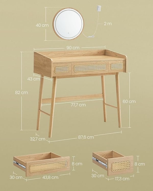 Toiletbord med spejl og lys, 3 skuffer, 3 farvenuancer, Bohemian Style, Soveværelse, Eg Beige