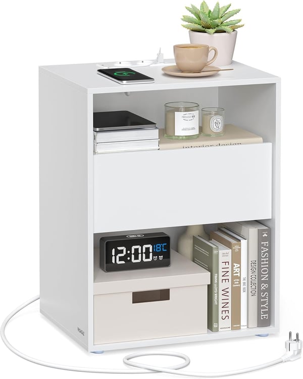 Natbord, værktøjsfri montering, sidebord med strømskinne, mat hvid