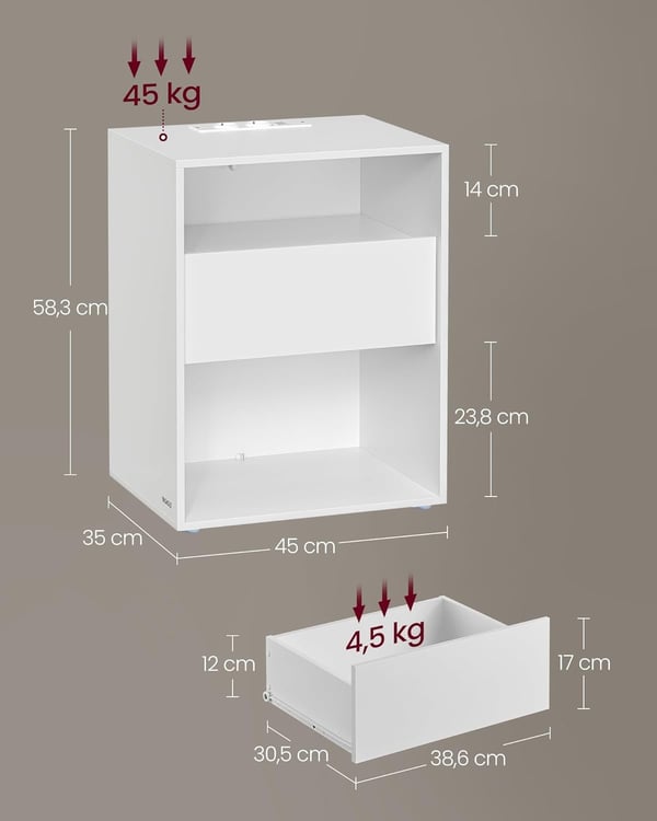 Natbord, værktøjsfri montering, sidebord med strømskinne, mat hvid