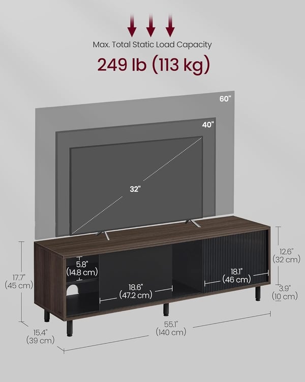TV-bord 60 tommer TV, TV-møbel, riflet glas, 140 x 39 x 45 cm, askebrun og blæksort