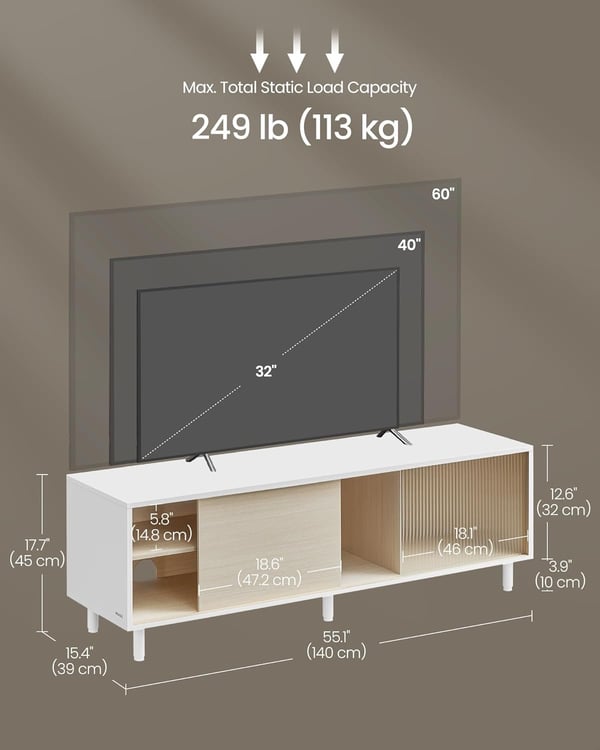 TV-taso 60 tuumaa, TV-taso olohuoneeseen, TV-taso, uurrettu lasi, pilvenvalkoinen ja luonnonbeige