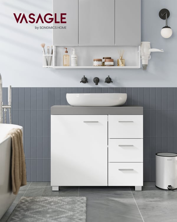 Badeværelsesskab, 3 store skuffer, 30 x 70 x 64 cm, Cloud White-Cement Grey
