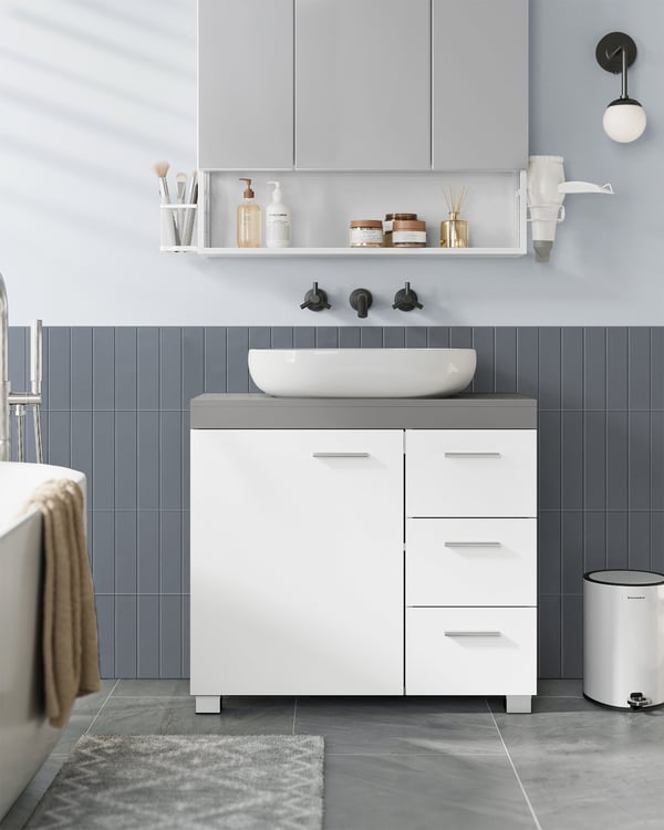 Badeværelsesskab, 3 store skuffer, 30 x 70 x 64 cm, Cloud White-Cement Grey