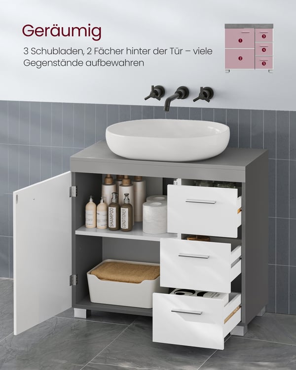 Badeværelsesskab, 3 store skuffer, 30 x 70 x 64 cm, Cloud White-Cement Grey
