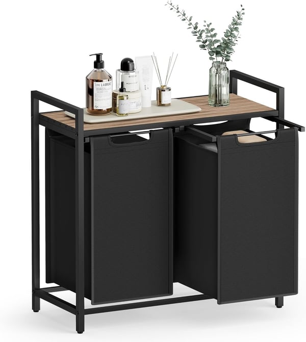 Tvättkorg, tvättkorg med 2 fack, metallram, 2 x 46 l, brun och svart