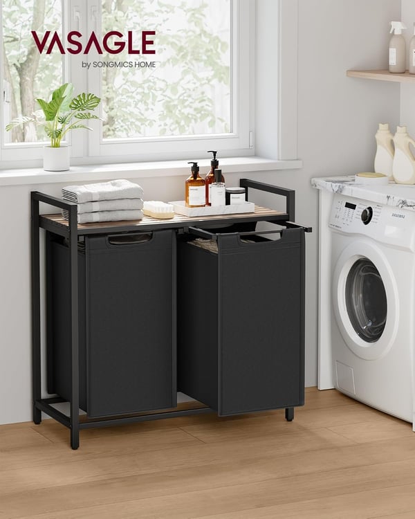 Vasketøjskurv, 2-rums vasketøjskurv, metalramme, 2 x 46 l, brun og sort