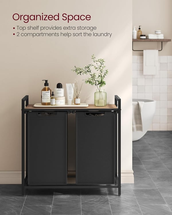 Vasketøjskurv, 2-rums vasketøjskurv, metalramme, 2 x 46 l, brun og sort
