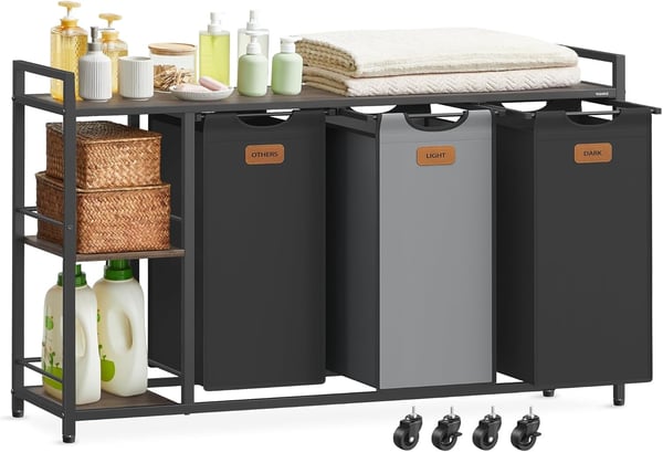 Tvättkorg med 3 fack, 150 l tvättsorterare, med hyllor, brun, svart och grå