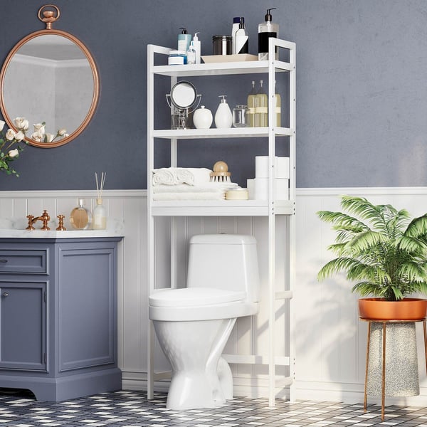 Opbevaring over toilettet, 3-lags bambus toiletstativ, badeværelse, nem montering, hvid