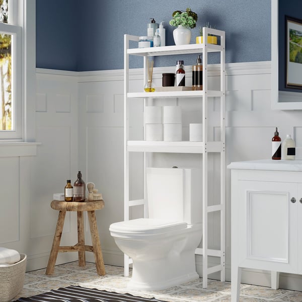 Opbevaring over toilettet, 3-lags bambus toiletstativ, badeværelse, nem montering, hvid