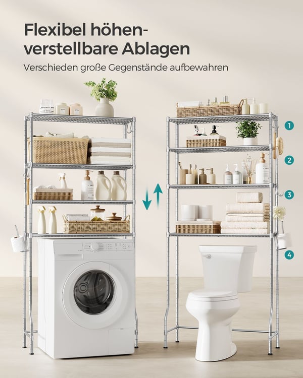 4-lags opbevaring over toilettet, metalopbevaringsstativ, justerbare hylder, badeværelsesopbevaring, sølvgrå
