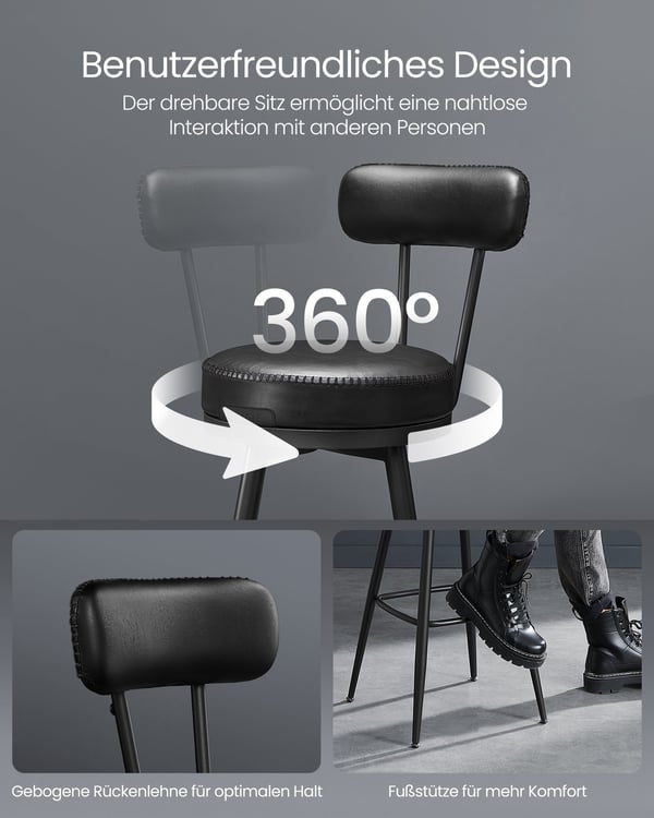 360° drejelige køkkenstole, sæt med 2 stole med ryglæn, Kitchen Home, Ink Black