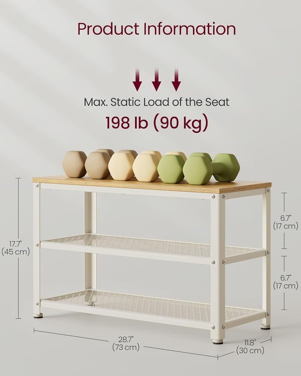 Skobænk, Skohylde, Skoorganisator, 30 x 73 x 45 cm, Eg Beige og Hvid