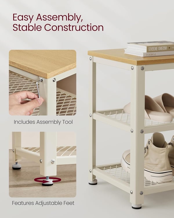 Skobænk, Skohylde, Skoorganisator, 30 x 73 x 45 cm, Eg Beige og Hvid