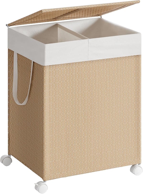 Tvättkorg med 2 fack, 100 l, rottinglook, naturbeige mattvit